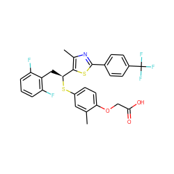 Cc1cc(S[C@@H](Cc2c(F)cccc2F)c2sc(-c3ccc(C(F)(F)F)cc3)nc2C)ccc1OCC(=O)O ZINC000084653921