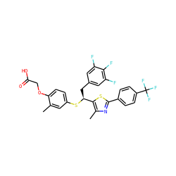 Cc1cc(S[C@@H](Cc2cc(F)c(F)c(F)c2)c2sc(-c3ccc(C(F)(F)F)cc3)nc2C)ccc1OCC(=O)O ZINC000084724837