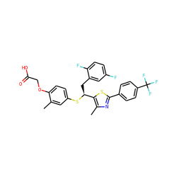 Cc1cc(S[C@@H](Cc2cc(F)ccc2F)c2sc(-c3ccc(C(F)(F)F)cc3)nc2C)ccc1OCC(=O)O ZINC000084724827