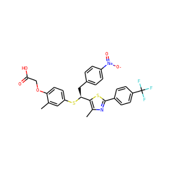 Cc1cc(S[C@@H](Cc2ccc([N+](=O)[O-])cc2)c2sc(-c3ccc(C(F)(F)F)cc3)nc2C)ccc1OCC(=O)O ZINC000084709997