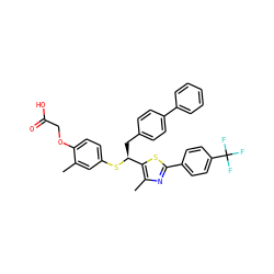 Cc1cc(S[C@@H](Cc2ccc(-c3ccccc3)cc2)c2sc(-c3ccc(C(F)(F)F)cc3)nc2C)ccc1OCC(=O)O ZINC000084724851