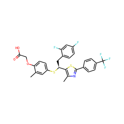 Cc1cc(S[C@@H](Cc2ccc(F)cc2F)c2sc(-c3ccc(C(F)(F)F)cc3)nc2C)ccc1OCC(=O)O ZINC000084724816