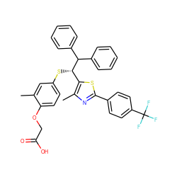 Cc1cc(S[C@@H](c2sc(-c3ccc(C(F)(F)F)cc3)nc2C)C(c2ccccc2)c2ccccc2)ccc1OCC(=O)O ZINC000084726561