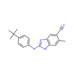 Cc1cc2[nH]c(Nc3ccc(C(C)(C)C)cc3)nc2cc1C#N ZINC000084690389