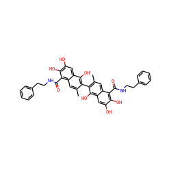 Cc1cc2c(C(=O)NCCc3ccccc3)c(O)c(O)cc2c(O)c1-c1c(C)cc2c(C(=O)NCCc3ccccc3)c(O)c(O)cc2c1O ZINC000049639264