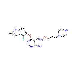 Cc1cc2c(F)c(Oc3ncnc(N)c3/C=N/OCCCN3CCNCC3)ccc2[nH]1 ZINC000072178051