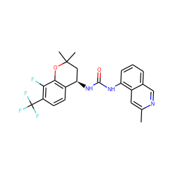 Cc1cc2c(NC(=O)N[C@@H]3CC(C)(C)Oc4c3ccc(C(F)(F)F)c4F)cccc2cn1 ZINC000118626275