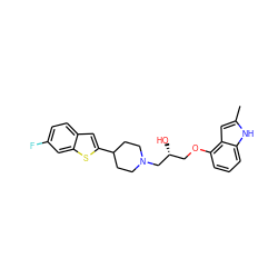 Cc1cc2c(OC[C@@H](O)CN3CCC(c4cc5ccc(F)cc5s4)CC3)cccc2[nH]1 ZINC000013490101