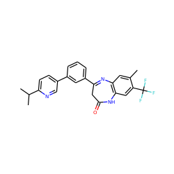 Cc1cc2c(cc1C(F)(F)F)NC(=O)CC(c1cccc(-c3ccc(C(C)C)nc3)c1)=N2 ZINC000101383324