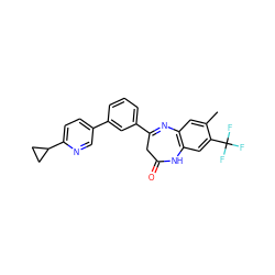 Cc1cc2c(cc1C(F)(F)F)NC(=O)CC(c1cccc(-c3ccc(C4CC4)nc3)c1)=N2 ZINC000101383297