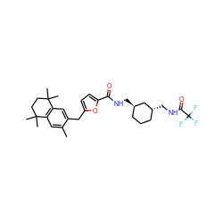 Cc1cc2c(cc1Cc1ccc(C(=O)NC[C@@H]3CCC[C@@H](CNC(=O)C(F)(F)F)C3)o1)C(C)(C)CCC2(C)C ZINC000027094176