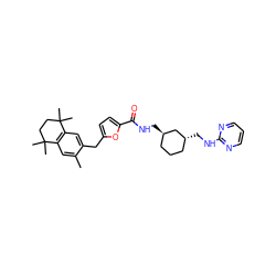 Cc1cc2c(cc1Cc1ccc(C(=O)NC[C@@H]3CCC[C@@H](CNc4ncccn4)C3)o1)C(C)(C)CCC2(C)C ZINC000013819946