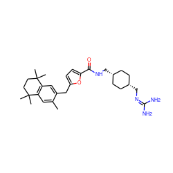 Cc1cc2c(cc1Cc1ccc(C(=O)NC[C@H]3CC[C@@H](CN=C(N)N)CC3)o1)C(C)(C)CCC2(C)C ZINC000100887594