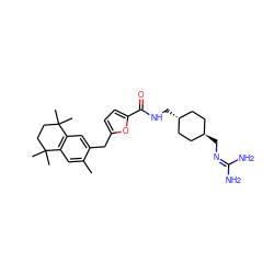 Cc1cc2c(cc1Cc1ccc(C(=O)NC[C@H]3CC[C@H](CN=C(N)N)CC3)o1)C(C)(C)CCC2(C)C ZINC000100884852