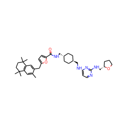 Cc1cc2c(cc1Cc1ccc(C(=O)NC[C@H]3CC[C@H](CNc4ccnc(NC[C@@H]5CCCO5)n4)CC3)o1)C(C)(C)CCC2(C)C ZINC000253733495