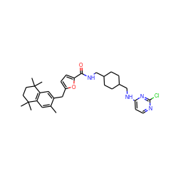 Cc1cc2c(cc1Cc1ccc(C(=O)NCC3CCC(CNc4ccnc(Cl)n4)CC3)o1)C(C)(C)CCC2(C)C ZINC000027185958