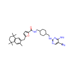 Cc1cc2c(cc1Cc1ccc(C(=O)NCC3CCC(CNc4ncc(C#N)c(N)n4)CC3)o1)C(C)(C)CCC2(C)C ZINC000027192416