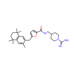 Cc1cc2c(cc1Cc1ccc(C(=O)NCC3CCN(C(=N)N)CC3)o1)C(C)(C)CCC2(C)C ZINC000013860622