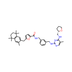 Cc1cc2c(cc1Cc1ccc(C(=O)NCc3cccc(CNc4ncc(C)c(NC[C@@H]5CCCO5)n4)c3)o1)C(C)(C)CCC2(C)C ZINC000027193050