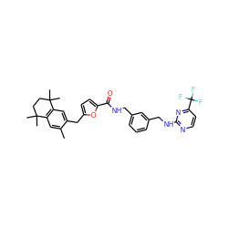 Cc1cc2c(cc1Cc1ccc(C(=O)NCc3cccc(CNc4nccc(C(F)(F)F)n4)c3)o1)C(C)(C)CCC2(C)C ZINC000027192410