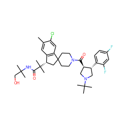 Cc1cc2c(cc1Cl)C1(CCN(C(=O)[C@@H]3CN(C(C)(C)C)C[C@H]3c3ccc(F)cc3F)CC1)C[C@@H]2C(C)(C)C(=O)NC(C)(C)CO ZINC000072110225
