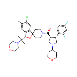 Cc1cc2c(cc1Cl)C1(CCN(C(=O)[C@@H]3CN(C4CCOCC4)C[C@H]3c3ccc(F)cc3F)CC1)O[C@@H]2C(C)(C)N1CCOCC1 ZINC000058592597