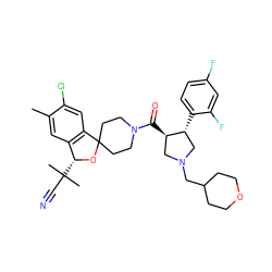 Cc1cc2c(cc1Cl)C1(CCN(C(=O)[C@@H]3CN(CC4CCOCC4)C[C@H]3c3ccc(F)cc3F)CC1)O[C@@H]2C(C)(C)C#N ZINC000058582790