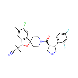 Cc1cc2c(cc1Cl)C1(CCN(C(=O)[C@@H]3CNC[C@H]3c3ccc(F)cc3F)CC1)O[C@@H]2C(C)(C)C#N ZINC000058581205