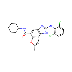 Cc1cc2c(o1)c(C(=O)NC1CCCCC1)cc1nc(Nc3c(Cl)cccc3Cl)[nH]c12 ZINC000139841168