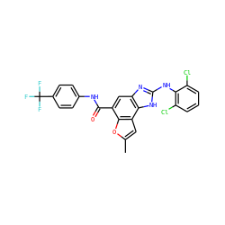 Cc1cc2c(o1)c(C(=O)Nc1ccc(C(F)(F)F)cc1)cc1nc(Nc3c(Cl)cccc3Cl)[nH]c12 ZINC000140027544