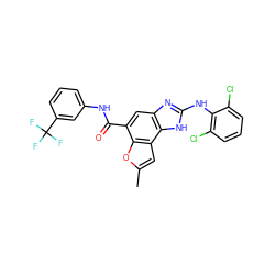 Cc1cc2c(o1)c(C(=O)Nc1cccc(C(F)(F)F)c1)cc1nc(Nc3c(Cl)cccc3Cl)[nH]c12 ZINC000139966634