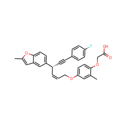 Cc1cc2cc([C@H](C#Cc3ccc(F)cc3)/C=C\COc3ccc(OCC(=O)O)c(C)c3)ccc2o1 ZINC000028823290