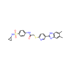 Cc1cc2nc(-c3ccc(SCC(=O)Nc4ccc(S(=O)(=O)NC5CC5)cc4)nc3)[nH]c2cc1C ZINC000008829070