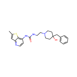 Cc1cc2nccc(NC(=O)NCCN3CCC(O)(Cc4ccccc4)CC3)c2s1 ZINC000220433591