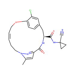 Cc1cc2nn1CC/C=C/COc1ccc(cc1Cl)C[C@@H](C(=O)NC1(C#N)CC1)NC2=O ZINC001772589245