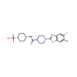 Cc1cc2oc(N3CCC(C(=O)N[C@H]4CC[C@@H](C(C)(C)O)CC4)CC3)nc2cc1Cl ZINC000261171643