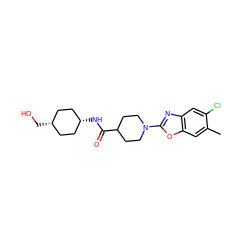 Cc1cc2oc(N3CCC(C(=O)N[C@H]4CC[C@@H](CO)CC4)CC3)nc2cc1Cl ZINC000261139404