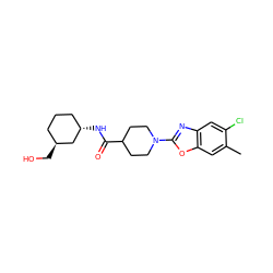 Cc1cc2oc(N3CCC(C(=O)N[C@H]4CCC[C@H](CO)C4)CC3)nc2cc1Cl ZINC000095582975