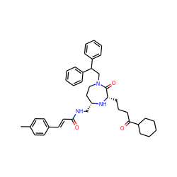 Cc1ccc(/C=C/C(=O)NC[C@@H]2CCN(CC(c3ccccc3)c3ccccc3)C(=O)[C@H](CCCC(=O)C3CCCCC3)N2)cc1 ZINC001772629541