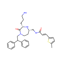 Cc1ccc(/C=C/C(=O)NC[C@@H]2CCN(CC(c3ccccc3)c3ccccc3)C(=O)[C@H](CCCN)N2)s1 ZINC000118686421