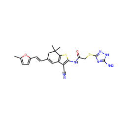 Cc1ccc(/C=C/C2=Cc3c(sc(NC(=O)CSc4n[nH]c(N)n4)c3C#N)C(C)(C)C2)o1 ZINC000004195189