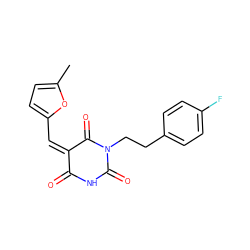 Cc1ccc(/C=C2/C(=O)NC(=O)N(CCc3ccc(F)cc3)C2=O)o1 ZINC000000457789