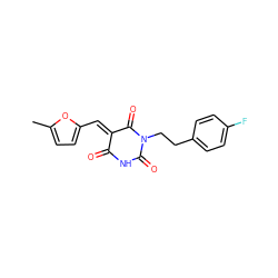 Cc1ccc(/C=C2\C(=O)NC(=O)N(CCc3ccc(F)cc3)C2=O)o1 ZINC000013496686