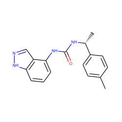 Cc1ccc([C@@H](C)NC(=O)Nc2cccc3[nH]ncc23)cc1 ZINC000014973763