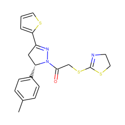 Cc1ccc([C@@H]2CC(c3cccs3)=NN2C(=O)CSC2=NCCS2)cc1 ZINC000017041204