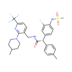 Cc1ccc([C@H](C(=O)NCc2ccc(C(F)(F)F)nc2N2CCC(C)CC2)c2ccc(NS(C)(=O)=O)c(F)c2)cc1 ZINC000138814581