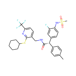 Cc1ccc([C@H](C(=O)NCc2ccc(C(F)(F)F)nc2SC2CCCCC2)c2ccc(NS(C)(=O)=O)c(F)c2)cc1 ZINC000138747016