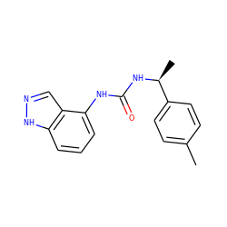 Cc1ccc([C@H](C)NC(=O)Nc2cccc3[nH]ncc23)cc1 ZINC000014973759