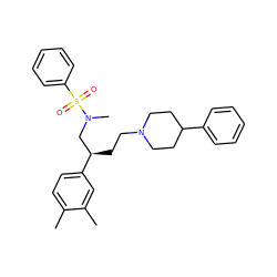 Cc1ccc([C@H](CCN2CCC(c3ccccc3)CC2)CN(C)S(=O)(=O)c2ccccc2)cc1C ZINC000013479375