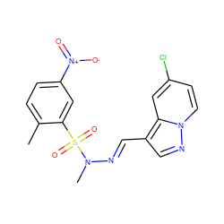 Cc1ccc([N+](=O)[O-])cc1S(=O)(=O)N(C)/N=C/c1cnn2ccc(Cl)cc12 ZINC000082153890